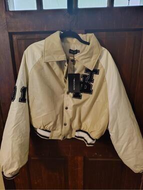 Prettylittlething Faux Leather Ragian Sleeve Cropped Varsity Bomber Jacket Us 6